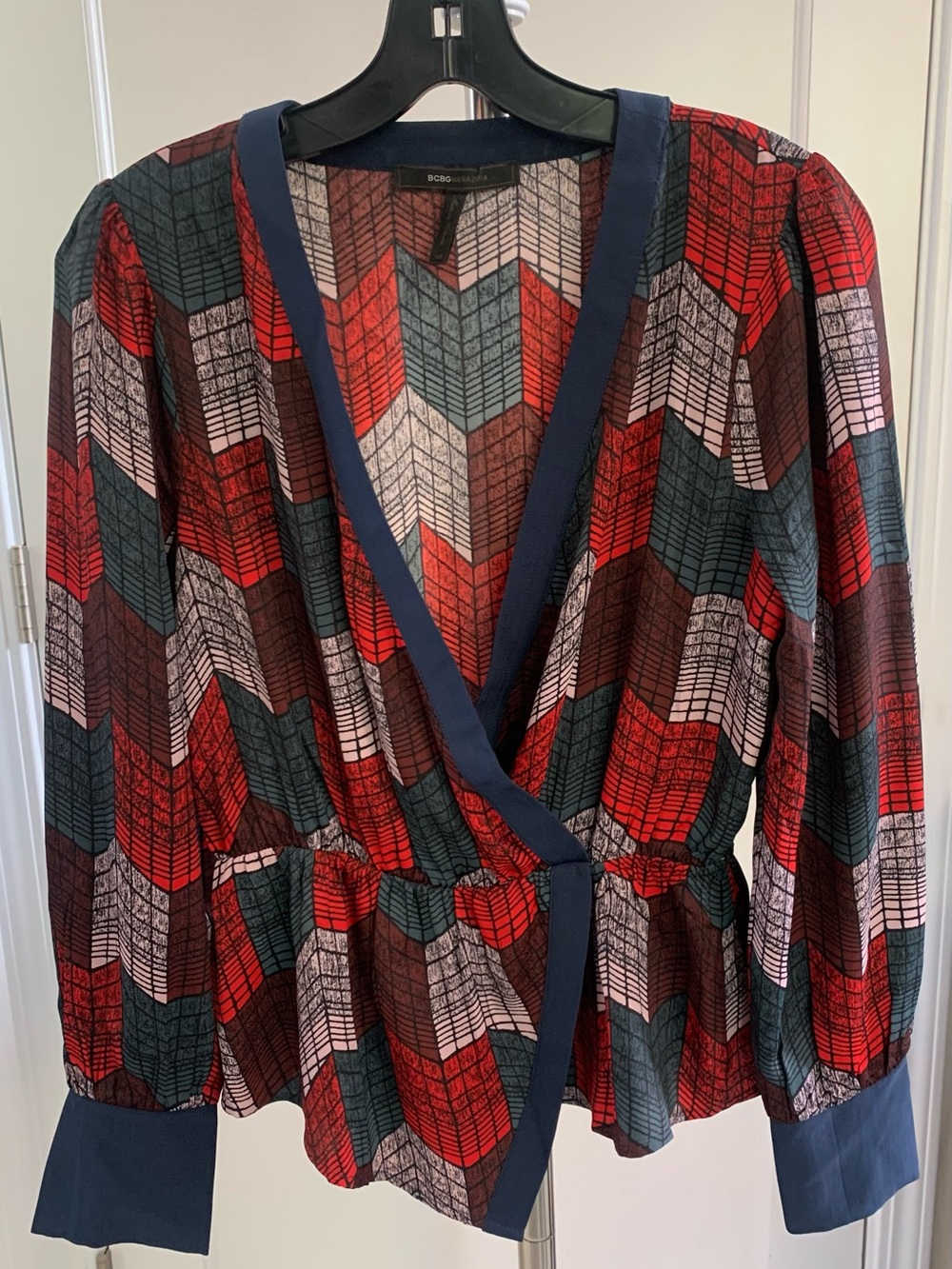 BCBG Red Multi Chevron Blouse, XS